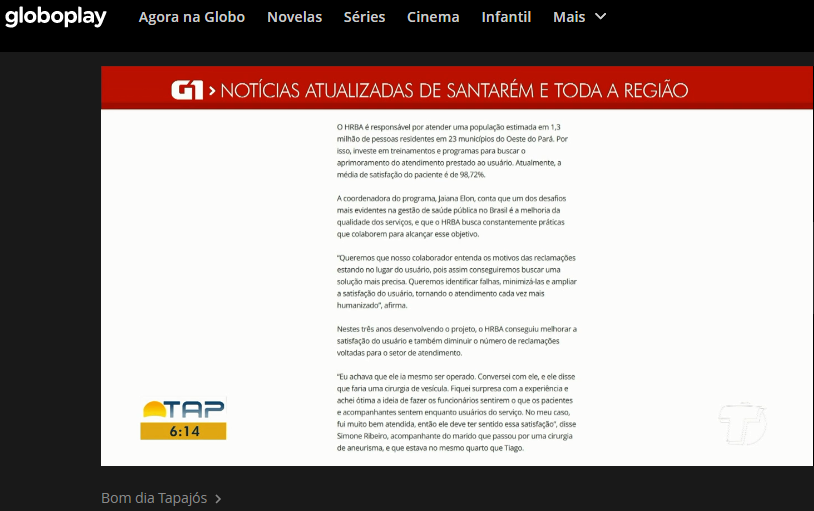 Bom Dia Tapajós - Projeto “Sentindo na Pele” do Hospital Regional do Baixo  Amazonas é destaque no G1 Santarém e Região - Pró-Saúde