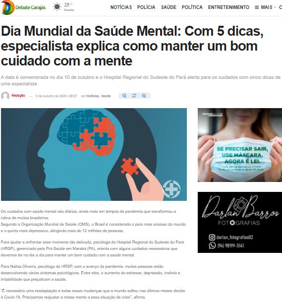 Debate Carajás - Profissional do Hospital Regional do Sudeste do Pará dá 5  dicas para o cuidado com a saúde mental - Pró-Saúde